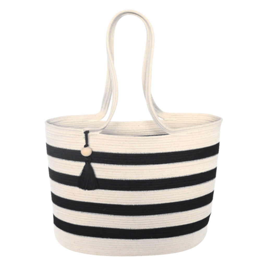 SHOPPER BAG IVORY WITH BLACK STRIPES